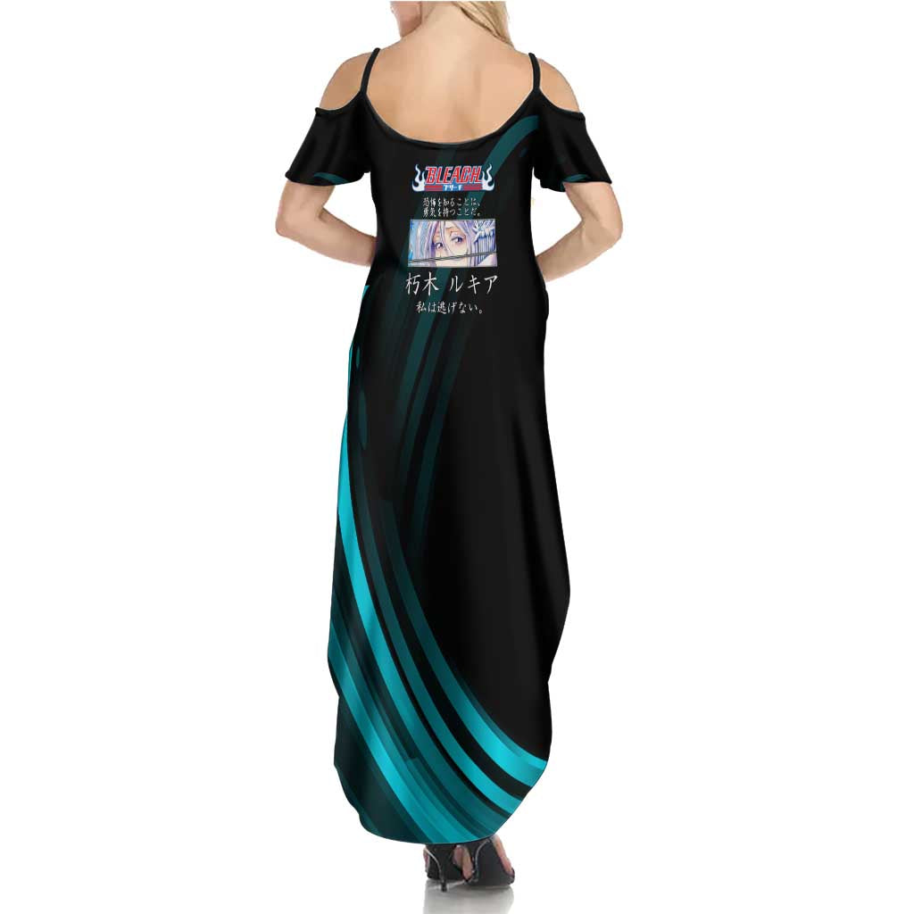 Rukia Kuchiki Bleach Anime Black and Teal Theme Summer Maxi Dress with Zanpakuto Pose and Japanese Quote Design - The Mazicc