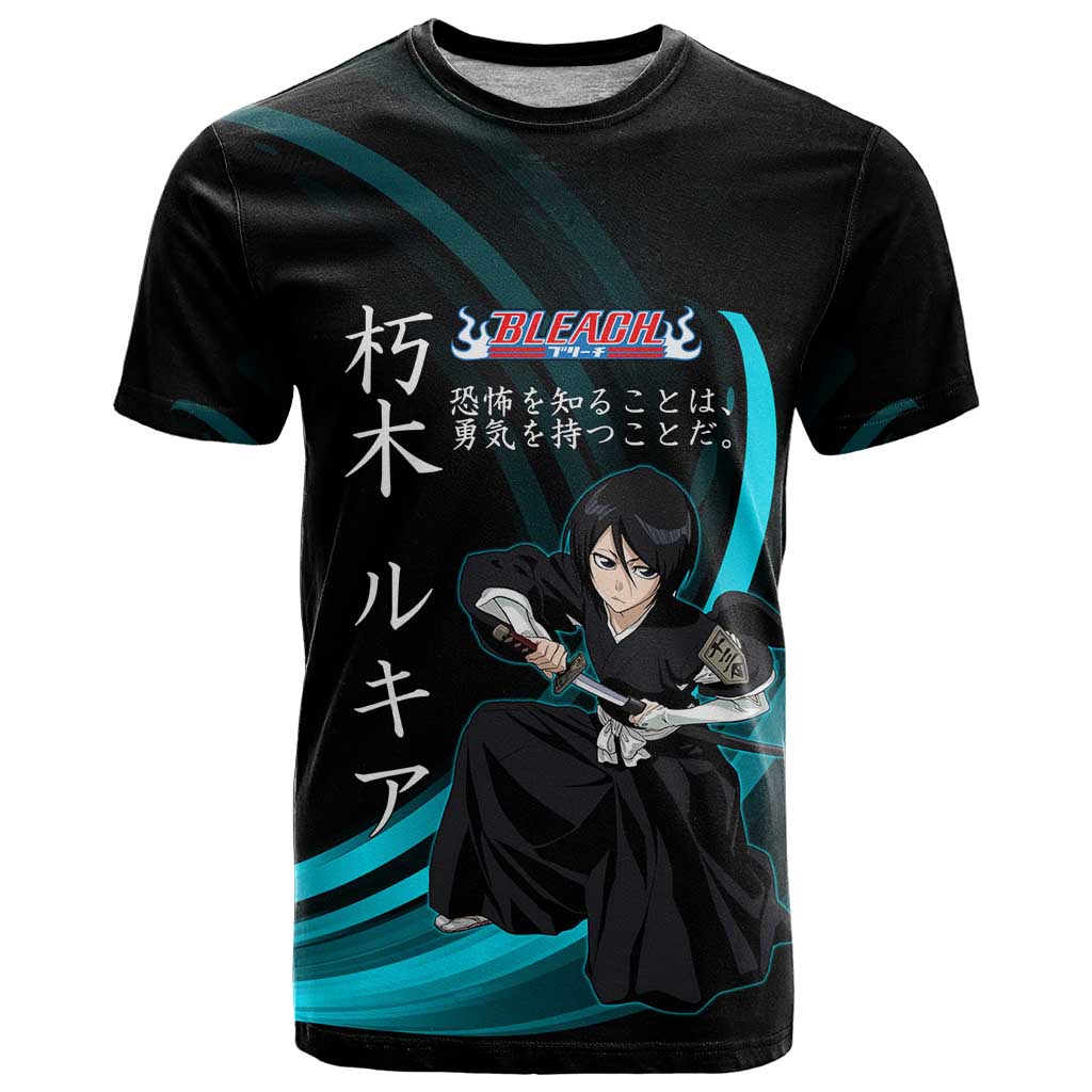 Rukia Kuchiki Bleach Anime Black and Teal Theme T Shirt with Zanpakuto Pose and Japanese Quote Design - The Mazicc