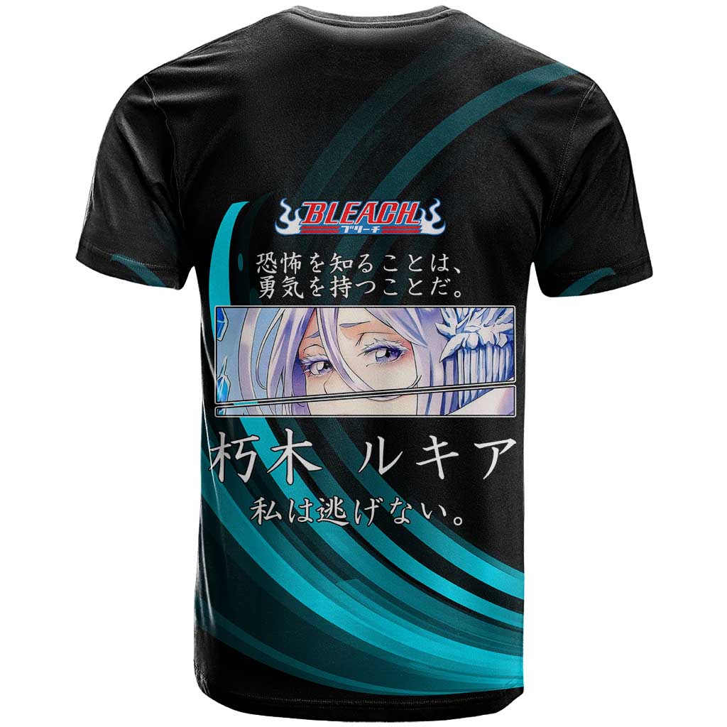 Rukia Kuchiki Bleach Anime Black and Teal Theme T Shirt with Zanpakuto Pose and Japanese Quote Design - The Mazicc