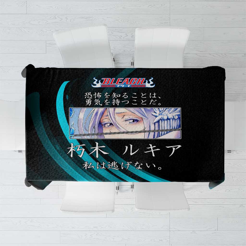 Rukia Kuchiki Bleach Anime Black and Teal Theme Tablecloth with Zanpakuto Pose and Japanese Quote Design - The Mazicc