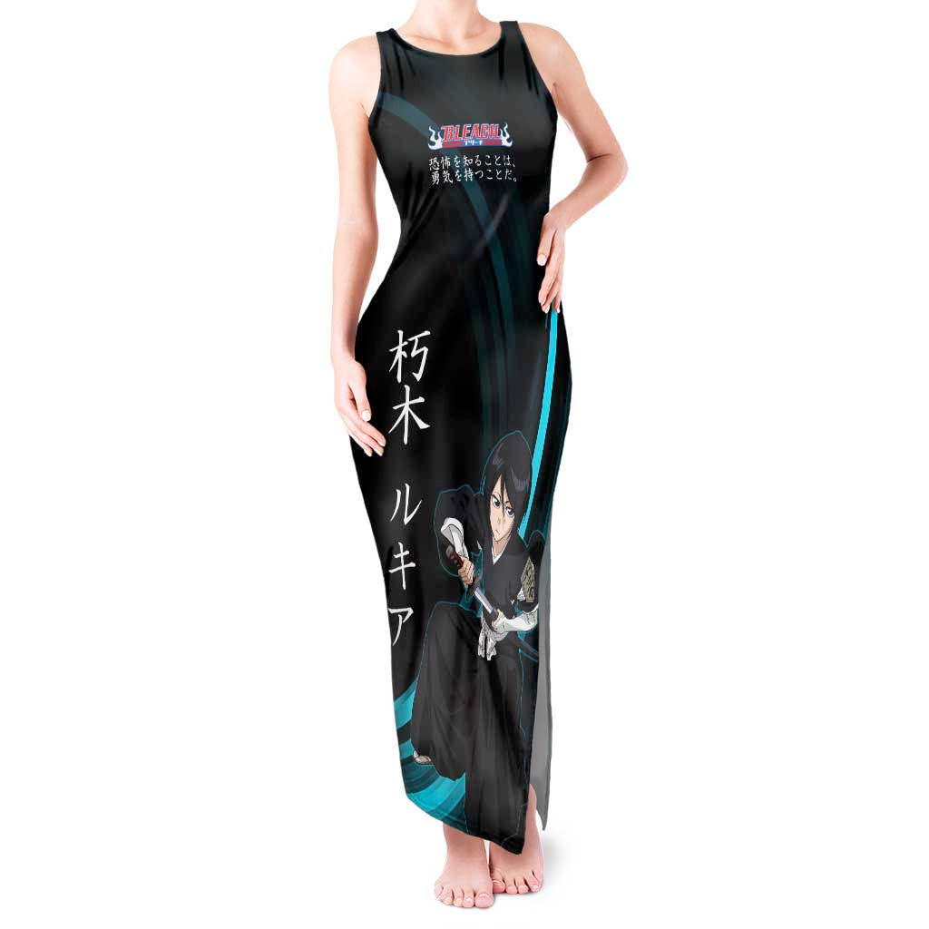 Rukia Kuchiki Bleach Anime Black and Teal Theme Tank Maxi Dress with Zanpakuto Pose and Japanese Quote Design - The Mazicc
