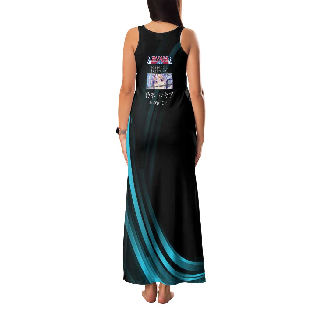 Rukia Kuchiki Bleach Anime Black and Teal Theme Tank Maxi Dress with Zanpakuto Pose and Japanese Quote Design - The Mazicc