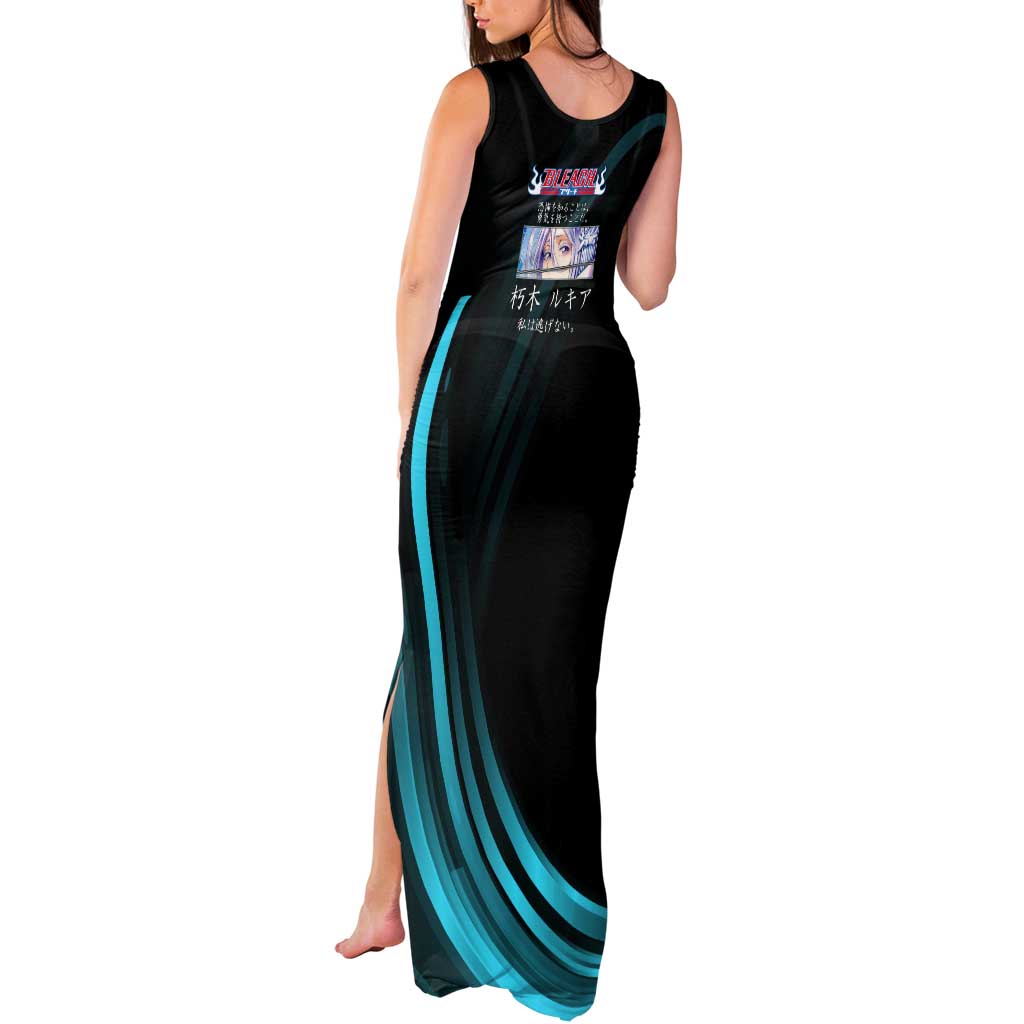 Rukia Kuchiki Bleach Anime Black and Teal Theme Tank Maxi Dress with Zanpakuto Pose and Japanese Quote Design - The Mazicc