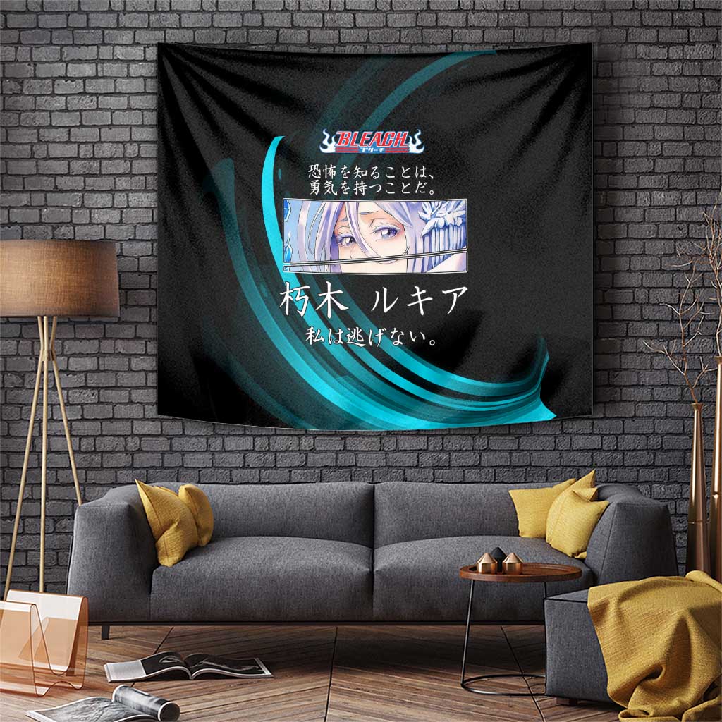 Rukia Kuchiki Bleach Anime Black and Teal Theme Tapestry with Zanpakuto Pose and Japanese Quote Design - The Mazicc