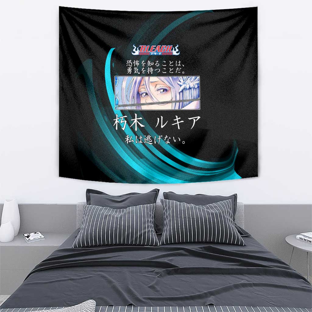 Rukia Kuchiki Bleach Anime Black and Teal Theme Tapestry with Zanpakuto Pose and Japanese Quote Design - The Mazicc