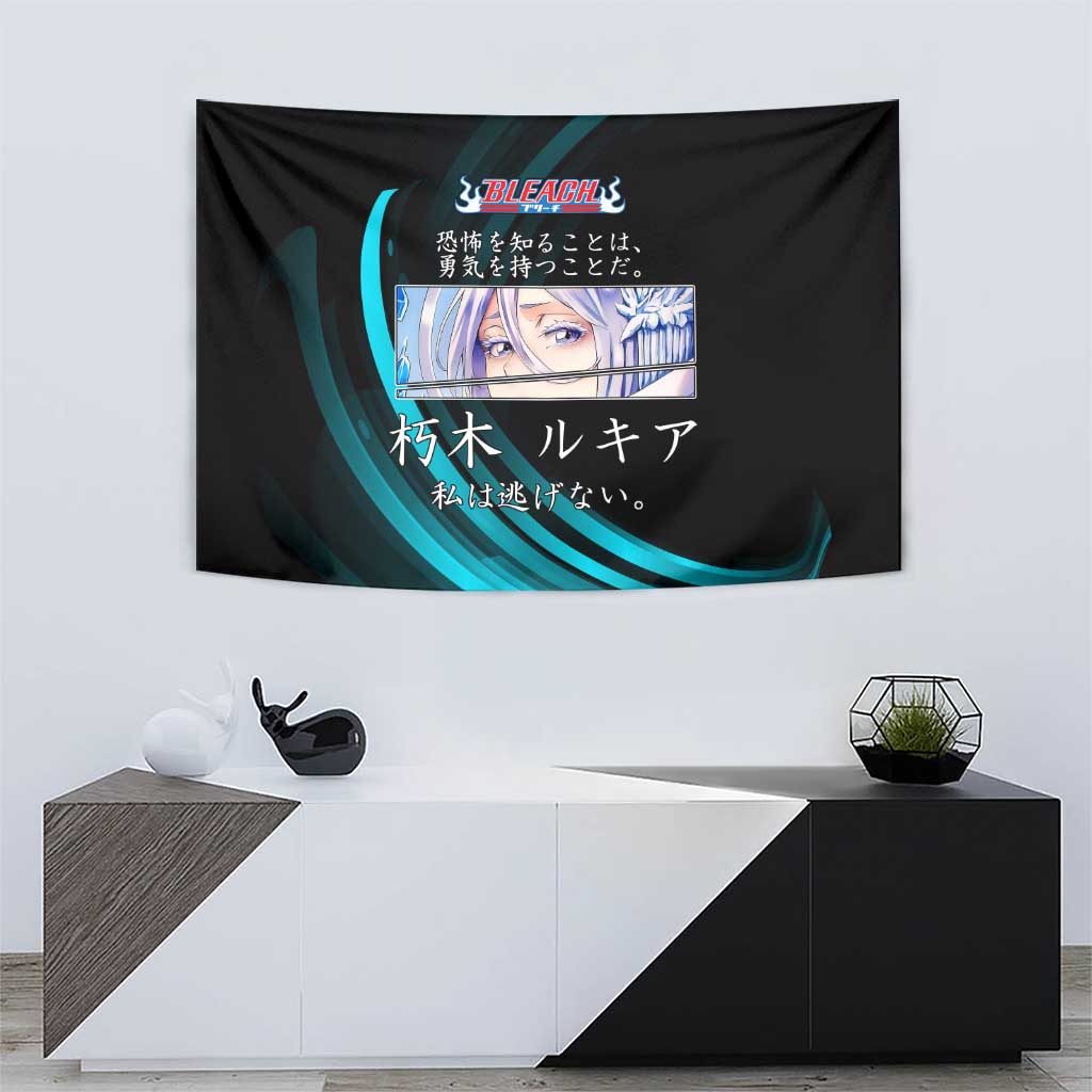 Rukia Kuchiki Bleach Anime Black and Teal Theme Tapestry with Zanpakuto Pose and Japanese Quote Design - The Mazicc