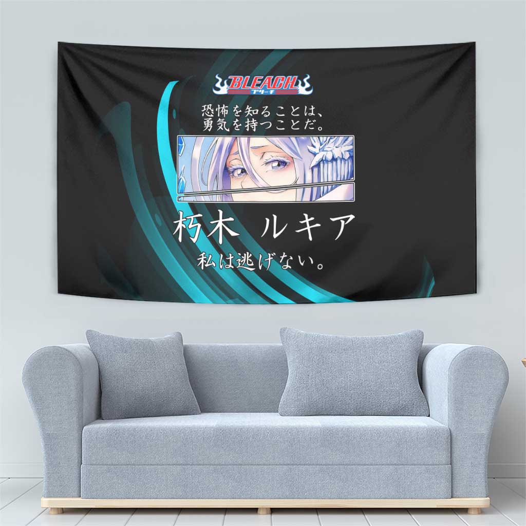 Rukia Kuchiki Bleach Anime Black and Teal Theme Tapestry with Zanpakuto Pose and Japanese Quote Design - The Mazicc