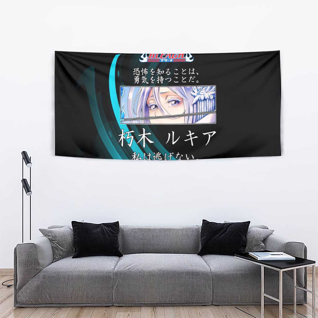 Rukia Kuchiki Bleach Anime Black and Teal Theme Tapestry with Zanpakuto Pose and Japanese Quote Design - The Mazicc