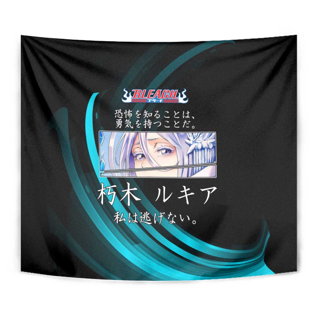 Rukia Kuchiki Bleach Anime Black and Teal Theme Tapestry with Zanpakuto Pose and Japanese Quote Design - The Mazicc