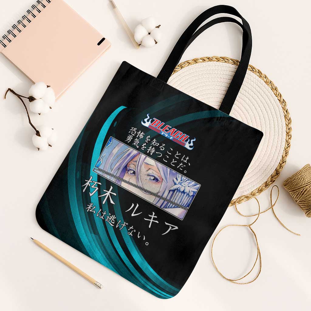 Rukia Kuchiki Bleach Anime Black and Teal Theme Tote Bag with Zanpakuto Pose and Japanese Quote Design - The Mazicc