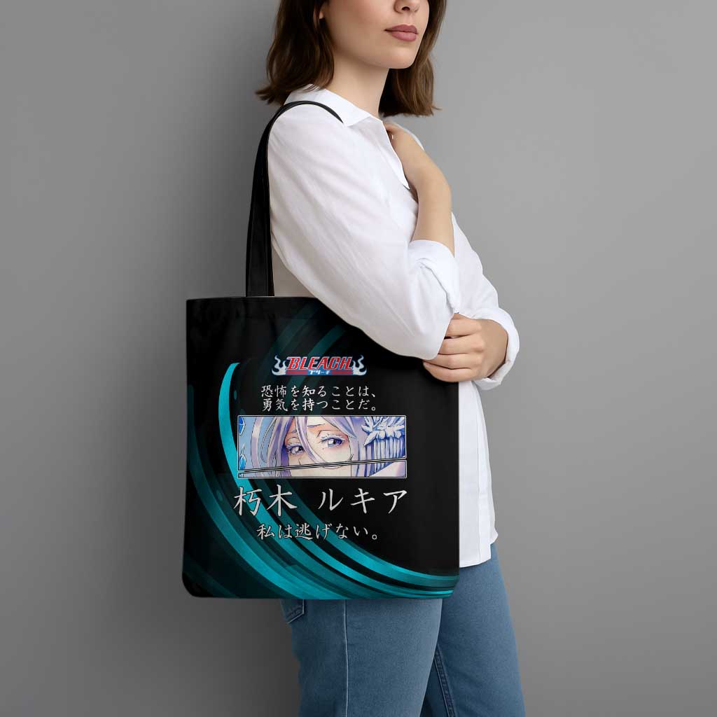 Rukia Kuchiki Bleach Anime Black and Teal Theme Tote Bag with Zanpakuto Pose and Japanese Quote Design - The Mazicc
