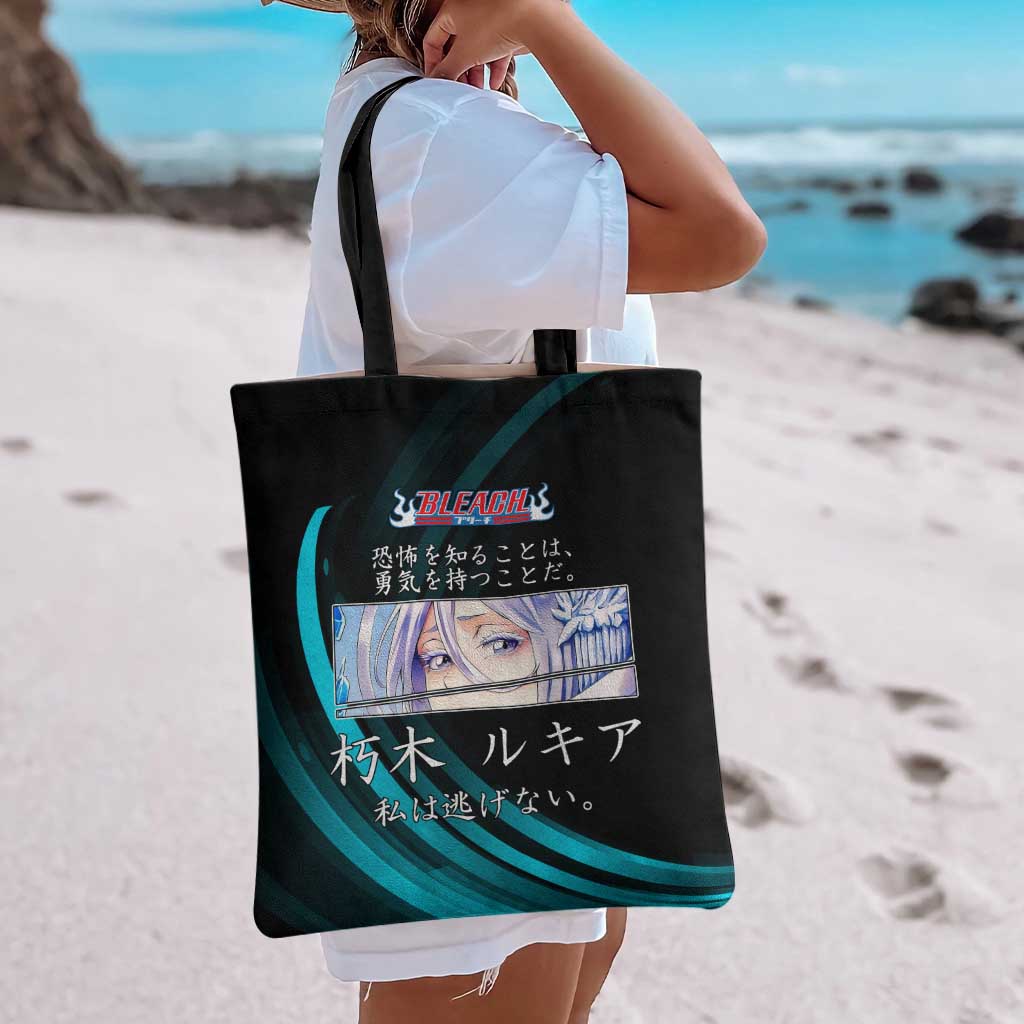 Rukia Kuchiki Bleach Anime Black and Teal Theme Tote Bag with Zanpakuto Pose and Japanese Quote Design - The Mazicc