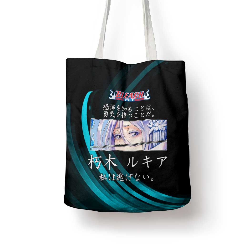 Rukia Kuchiki Bleach Anime Black and Teal Theme Tote Bag with Zanpakuto Pose and Japanese Quote Design - The Mazicc