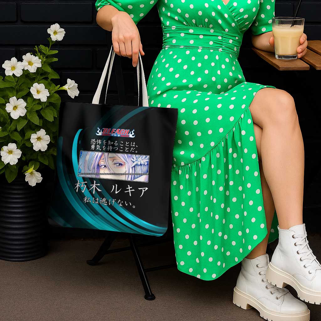 Rukia Kuchiki Bleach Anime Black and Teal Theme Tote Bag with Zanpakuto Pose and Japanese Quote Design - The Mazicc