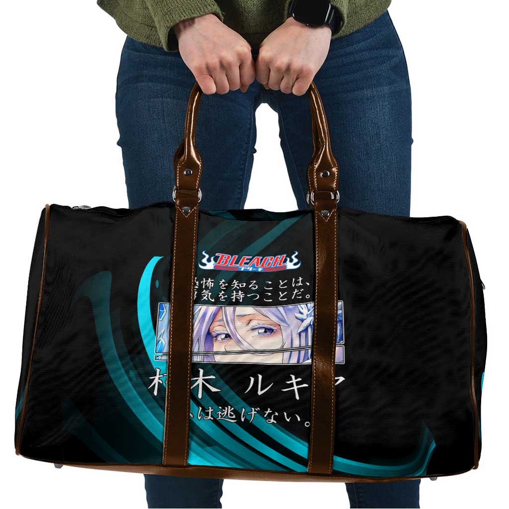 Rukia Kuchiki Bleach Anime Black and Teal Theme Travel Bag with Zanpakuto Pose and Japanese Quote Design - The Mazicc