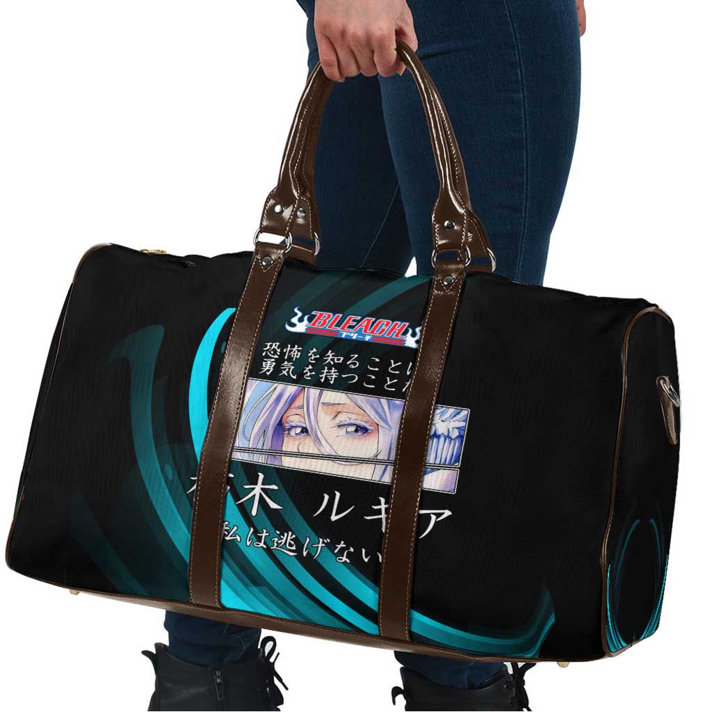 Rukia Kuchiki Bleach Anime Black and Teal Theme Travel Bag with Zanpakuto Pose and Japanese Quote Design - The Mazicc