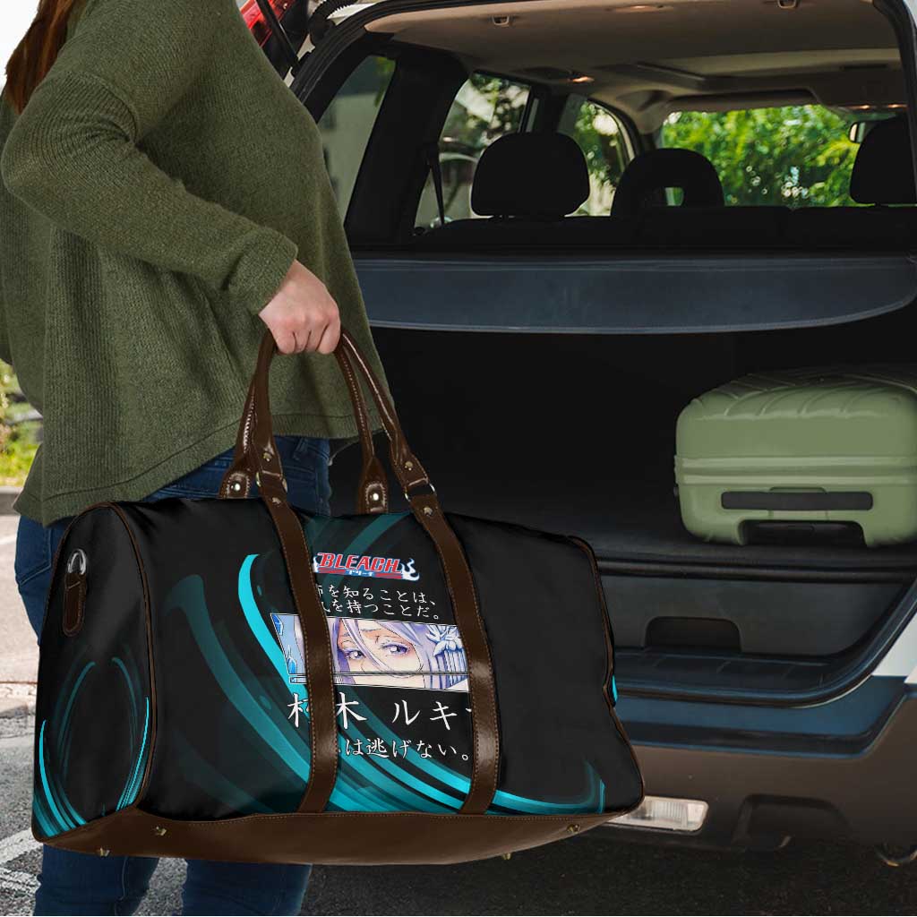 Rukia Kuchiki Bleach Anime Black and Teal Theme Travel Bag with Zanpakuto Pose and Japanese Quote Design - The Mazicc