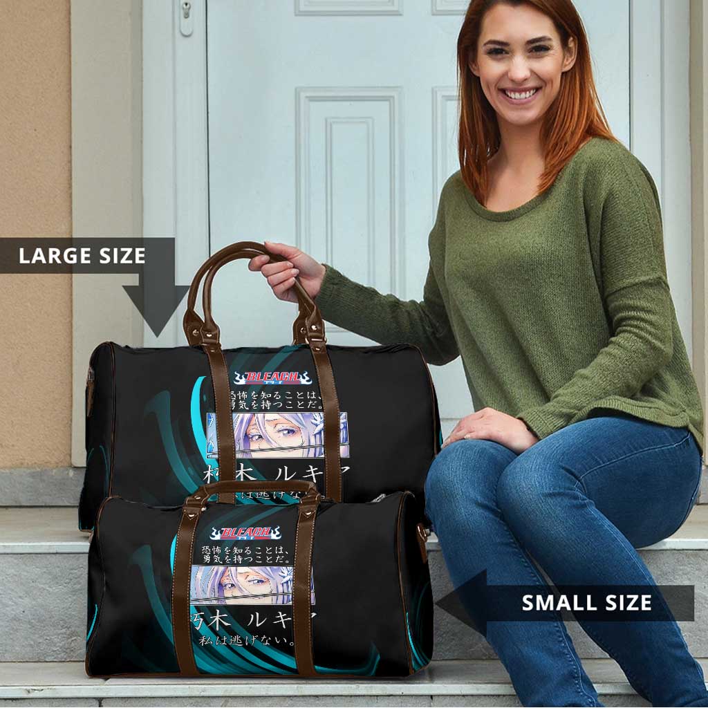 Rukia Kuchiki Bleach Anime Black and Teal Theme Travel Bag with Zanpakuto Pose and Japanese Quote Design - The Mazicc