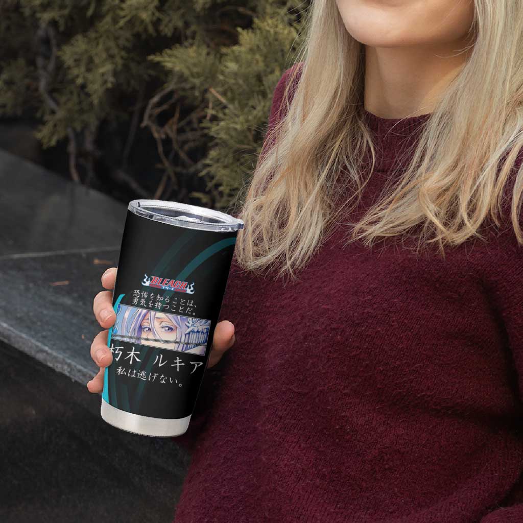 Rukia Kuchiki Bleach Anime Black and Teal Theme Tumbler Cup with Zanpakuto Pose and Japanese Quote Design - The Mazicc