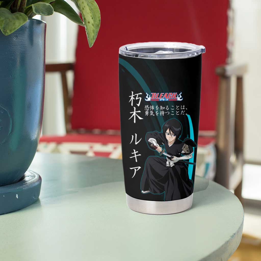 Rukia Kuchiki Bleach Anime Black and Teal Theme Tumbler Cup with Zanpakuto Pose and Japanese Quote Design - The Mazicc