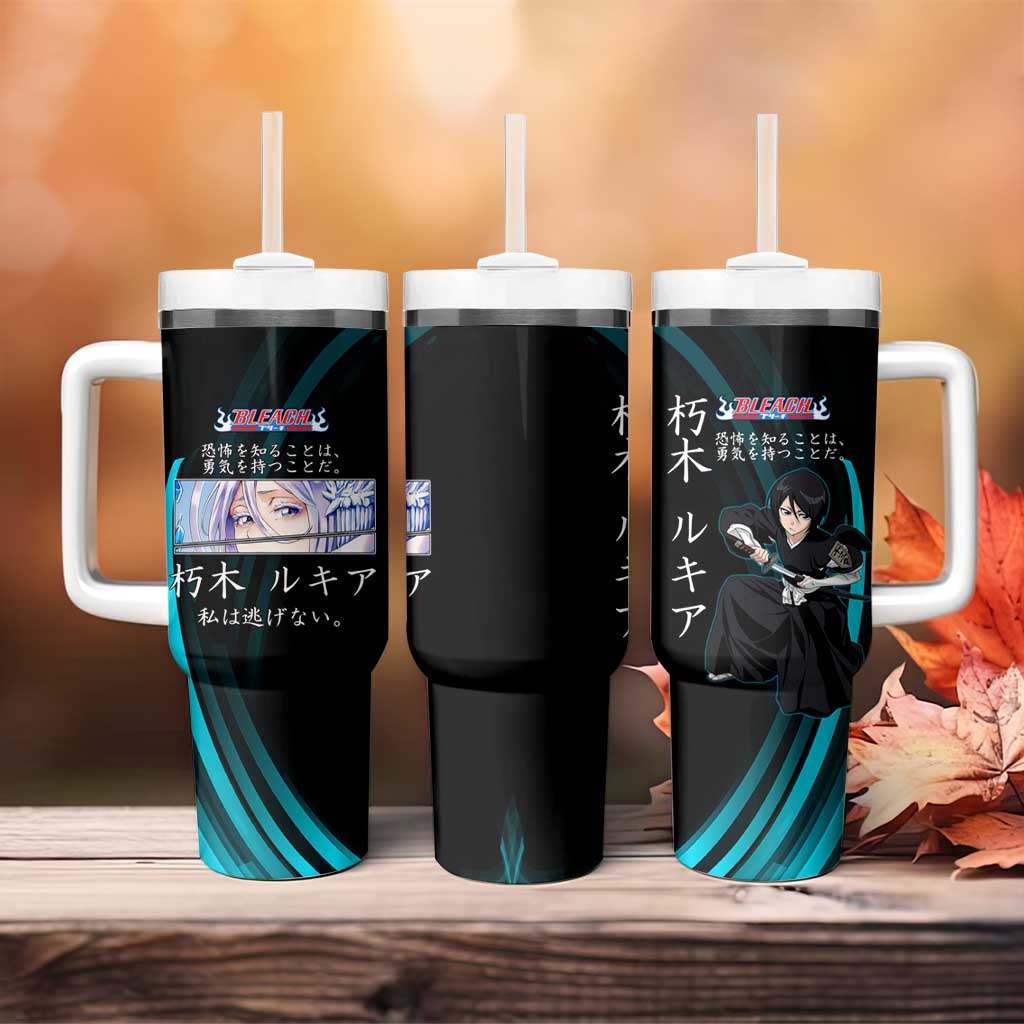 Rukia Kuchiki Bleach Anime Black and Teal Theme Tumbler With Handle with Zanpakuto Pose and Japanese Quote Design - The Mazicc