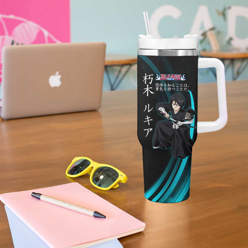 Rukia Kuchiki Bleach Anime Black and Teal Theme Tumbler With Handle with Zanpakuto Pose and Japanese Quote Design - The Mazicc