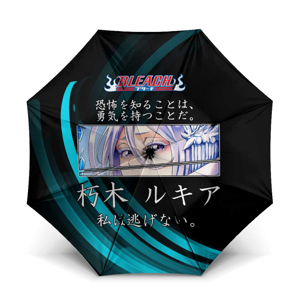 Rukia Kuchiki Bleach Anime Black and Teal Theme Umbrella with Zanpakuto Pose and Japanese Quote Design - The Mazicc