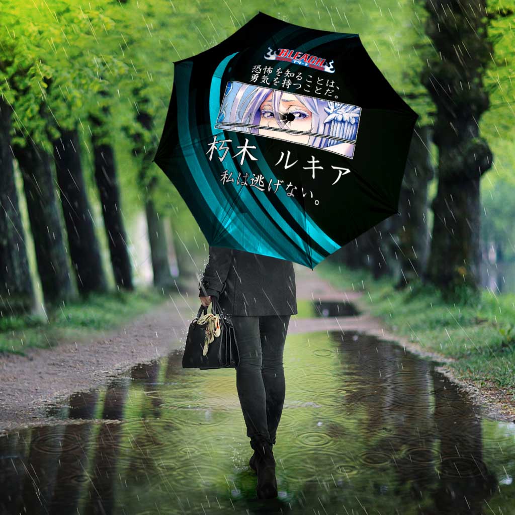 Rukia Kuchiki Bleach Anime Black and Teal Theme Umbrella with Zanpakuto Pose and Japanese Quote Design - The Mazicc