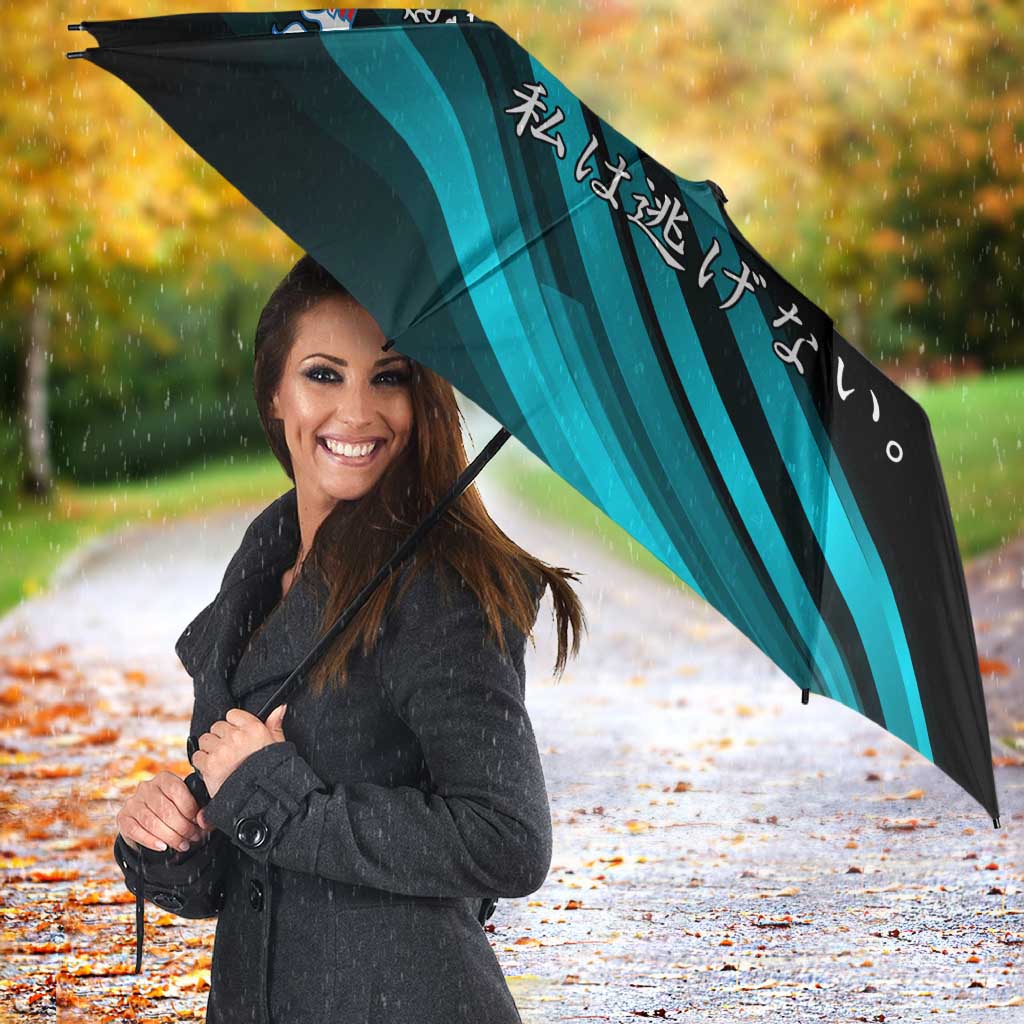 Rukia Kuchiki Bleach Anime Black and Teal Theme Umbrella with Zanpakuto Pose and Japanese Quote Design - The Mazicc