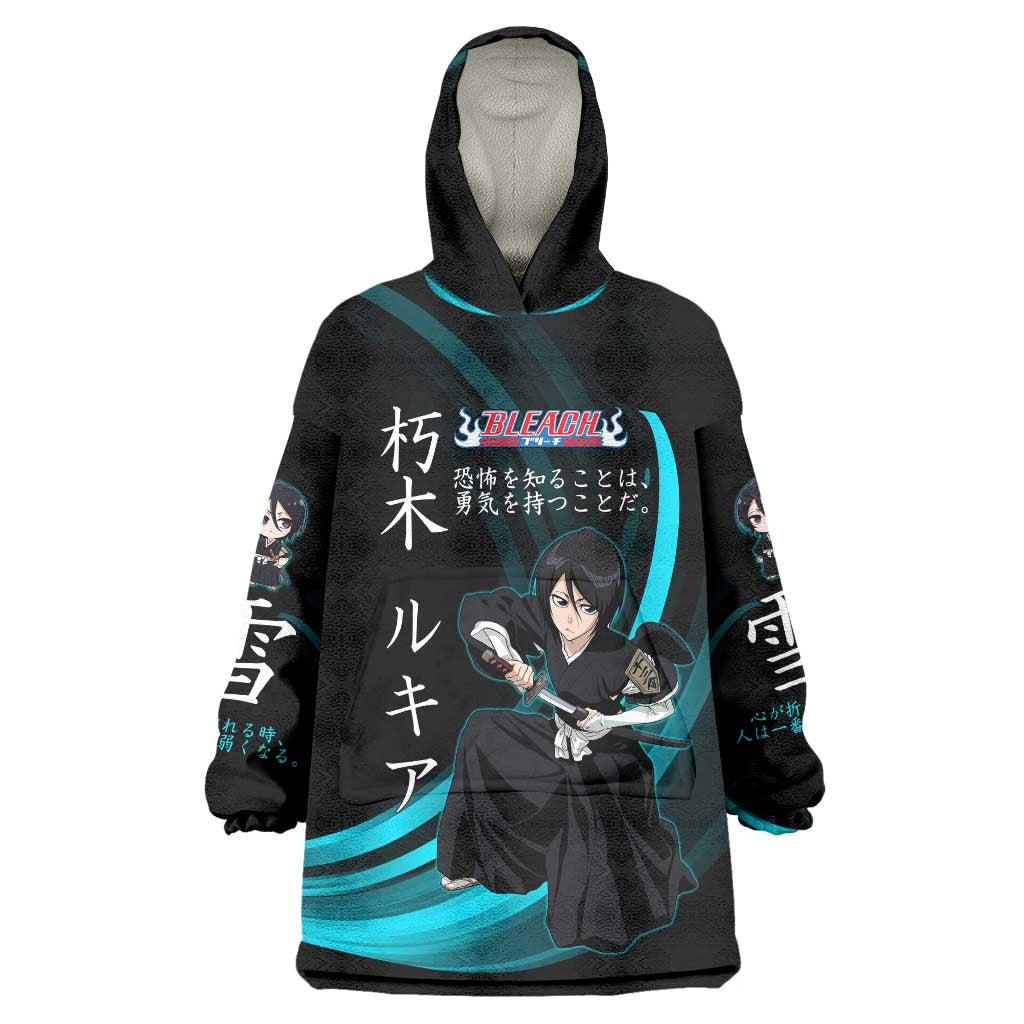 Rukia Kuchiki Bleach Anime Black and Teal Theme Wearable Blanket Hoodie with Zanpakuto Pose and Japanese Quote Design - The Mazicc