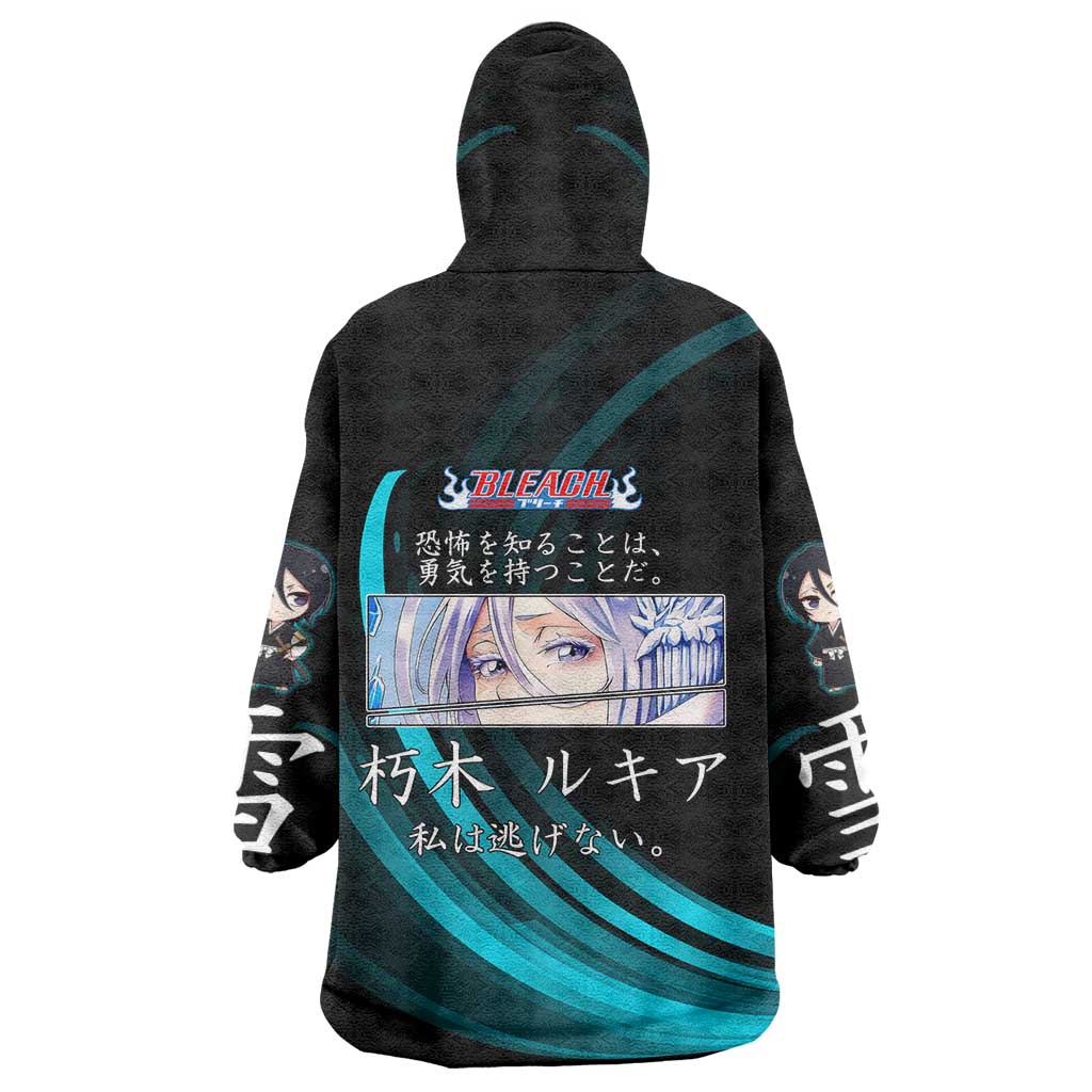 Rukia Kuchiki Bleach Anime Black and Teal Theme Wearable Blanket Hoodie with Zanpakuto Pose and Japanese Quote Design - The Mazicc
