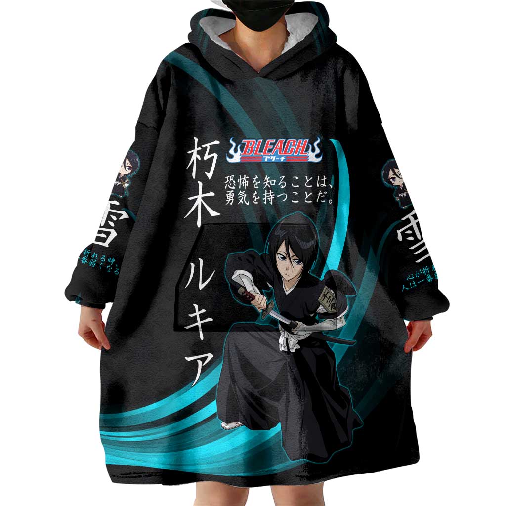 Rukia Kuchiki Bleach Anime Black and Teal Theme Wearable Blanket Hoodie with Zanpakuto Pose and Japanese Quote Design - The Mazicc