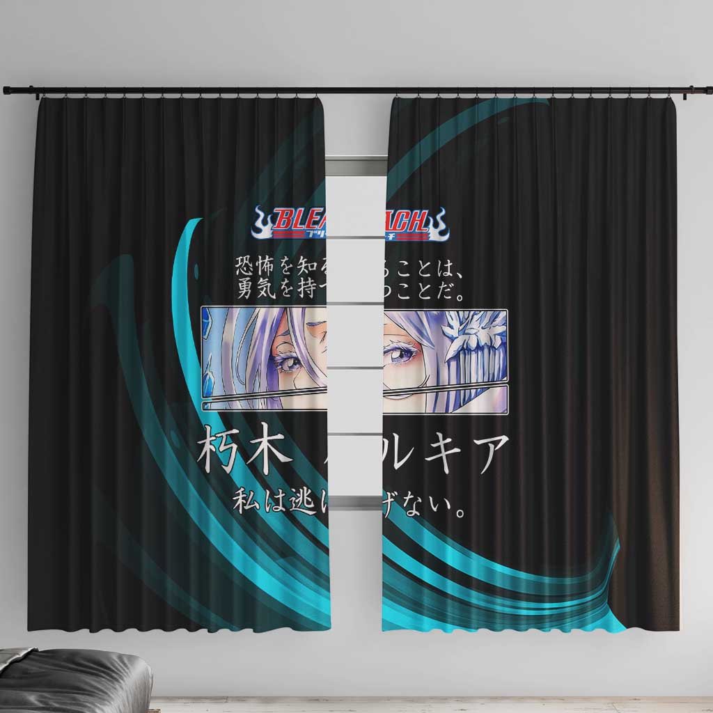 Rukia Kuchiki Bleach Anime Black and Teal Theme Window Curtain with Zanpakuto Pose and Japanese Quote Design - The Mazicc