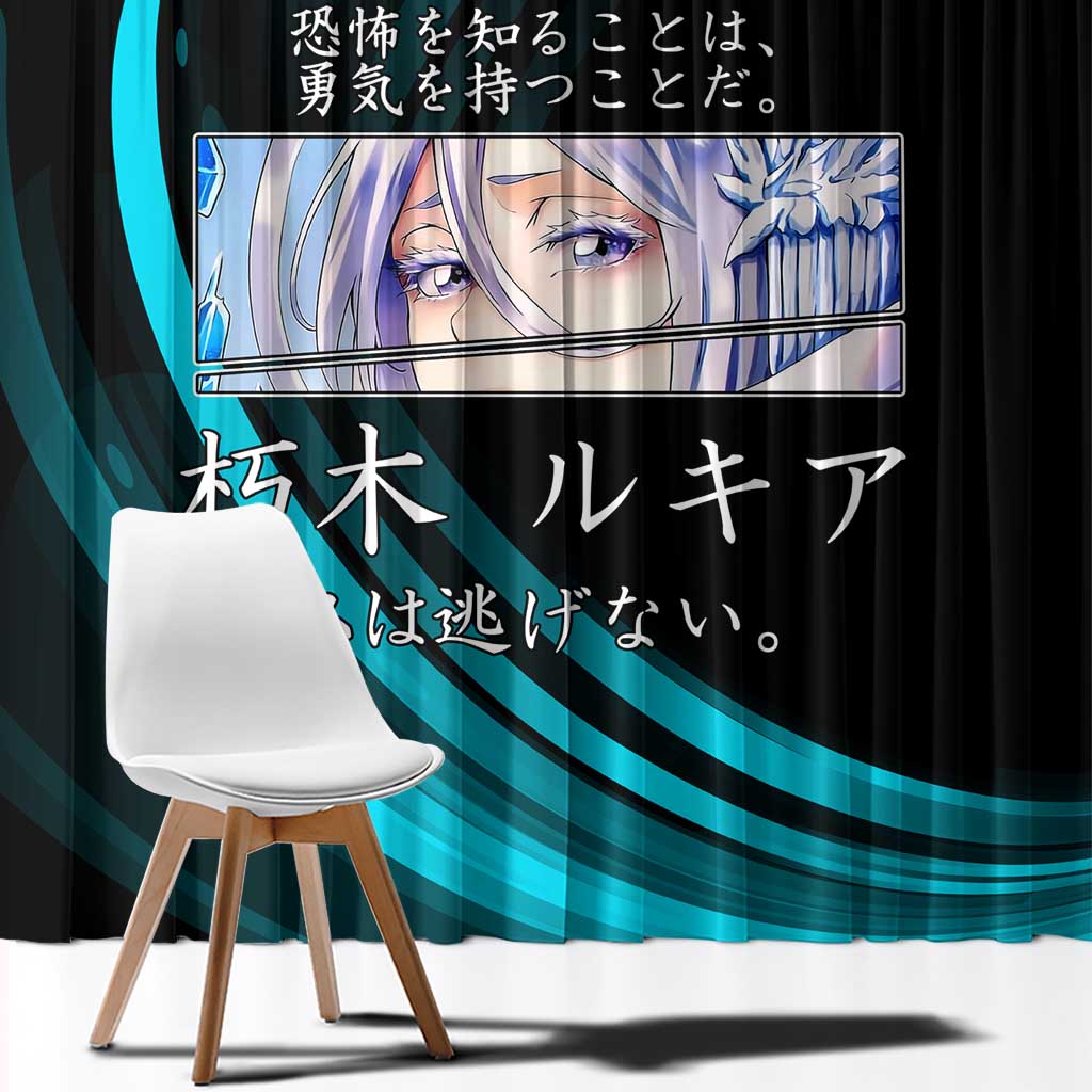Rukia Kuchiki Bleach Anime Black and Teal Theme Window Curtain with Zanpakuto Pose and Japanese Quote Design - The Mazicc