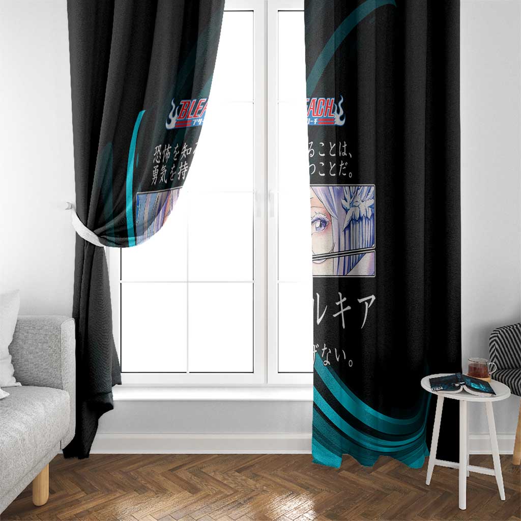Rukia Kuchiki Bleach Anime Black and Teal Theme Window Curtain with Zanpakuto Pose and Japanese Quote Design - The Mazicc