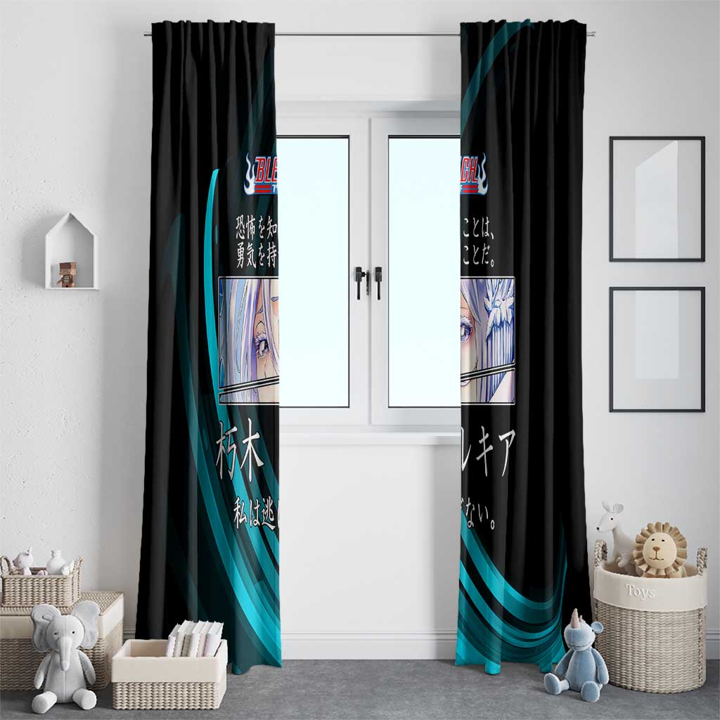 Rukia Kuchiki Bleach Anime Black and Teal Theme Window Curtain with Zanpakuto Pose and Japanese Quote Design - The Mazicc