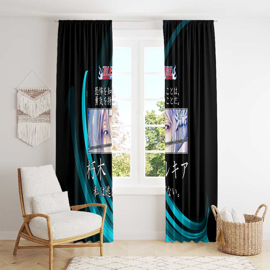 Rukia Kuchiki Bleach Anime Black and Teal Theme Window Curtain with Zanpakuto Pose and Japanese Quote Design - The Mazicc