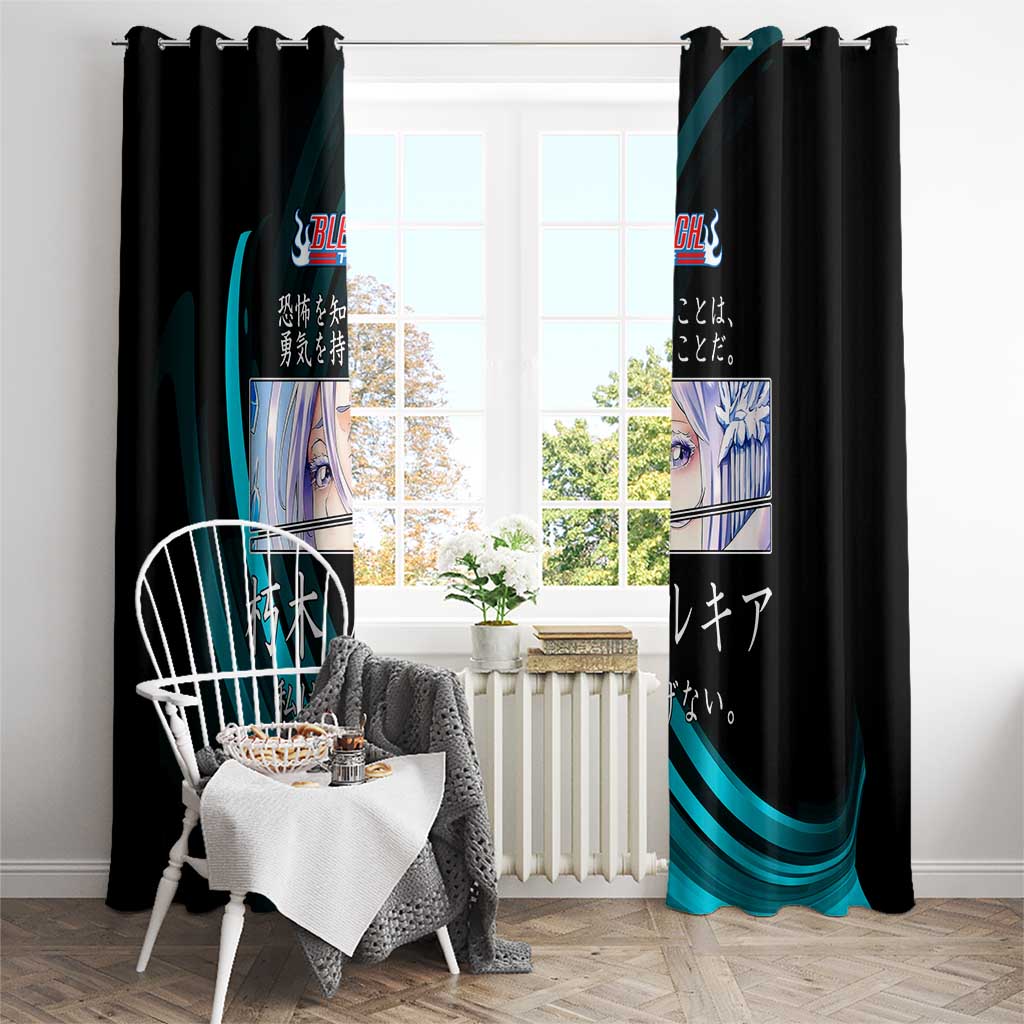 Rukia Kuchiki Bleach Anime Black and Teal Theme Window Curtain with Zanpakuto Pose and Japanese Quote Design - The Mazicc