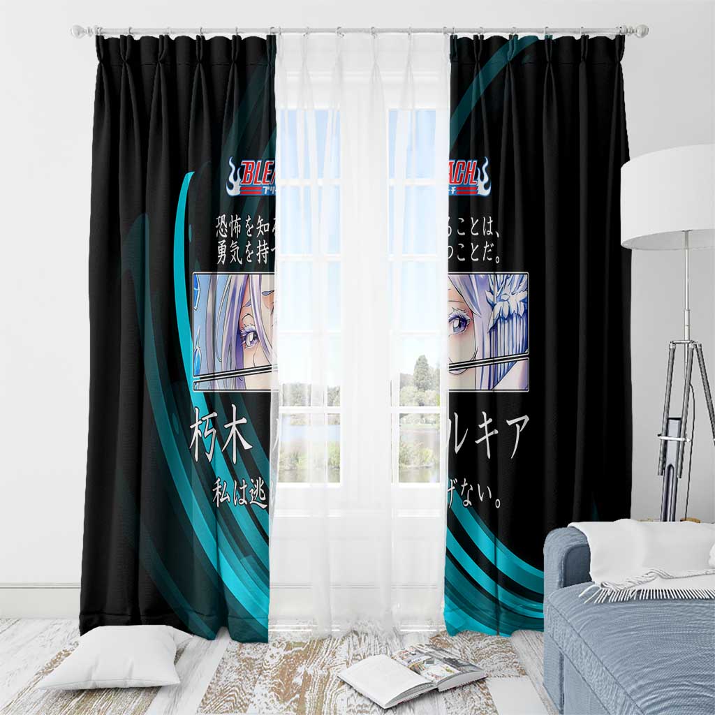 Rukia Kuchiki Bleach Anime Black and Teal Theme Window Curtain with Zanpakuto Pose and Japanese Quote Design - The Mazicc