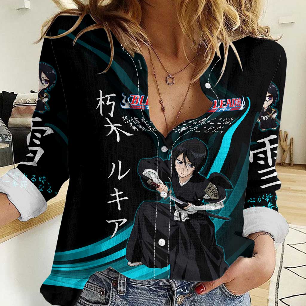 Rukia Kuchiki Bleach Anime Black and Teal Theme Women Casual Shirt with Zanpakuto Pose and Japanese Quote Design - The Mazicc