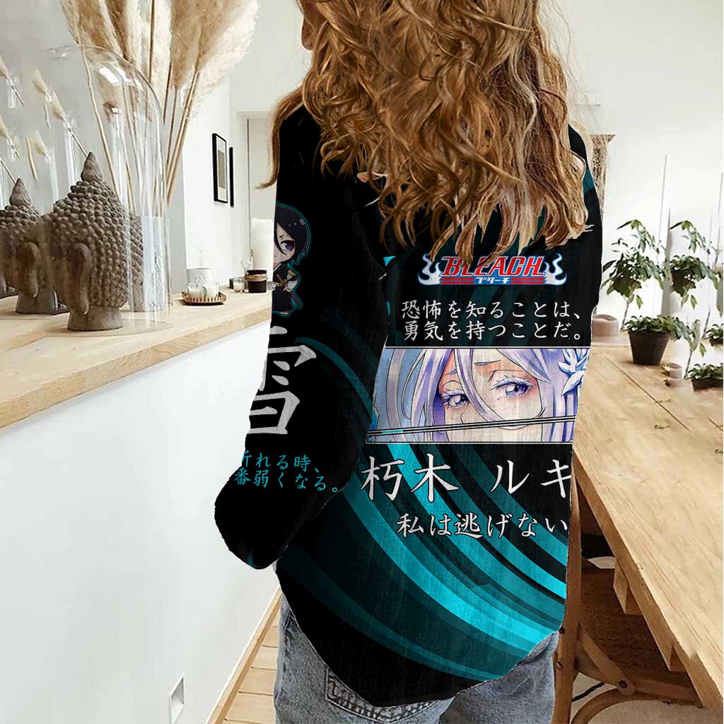 Rukia Kuchiki Bleach Anime Black and Teal Theme Women Casual Shirt with Zanpakuto Pose and Japanese Quote Design - The Mazicc