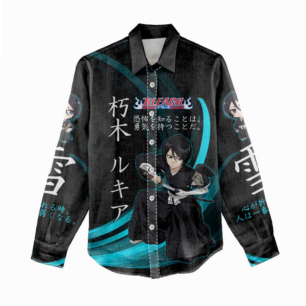 Rukia Kuchiki Bleach Anime Black and Teal Theme Women Casual Shirt with Zanpakuto Pose and Japanese Quote Design - The Mazicc