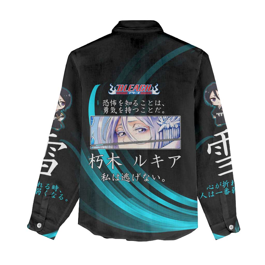 Rukia Kuchiki Bleach Anime Black and Teal Theme Women Casual Shirt with Zanpakuto Pose and Japanese Quote Design - The Mazicc