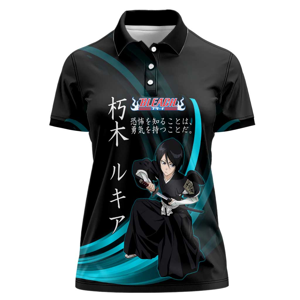 Rukia Kuchiki Bleach Anime Black and Teal Theme Women Polo Shirt with Zanpakuto Pose and Japanese Quote Design - The Mazicc