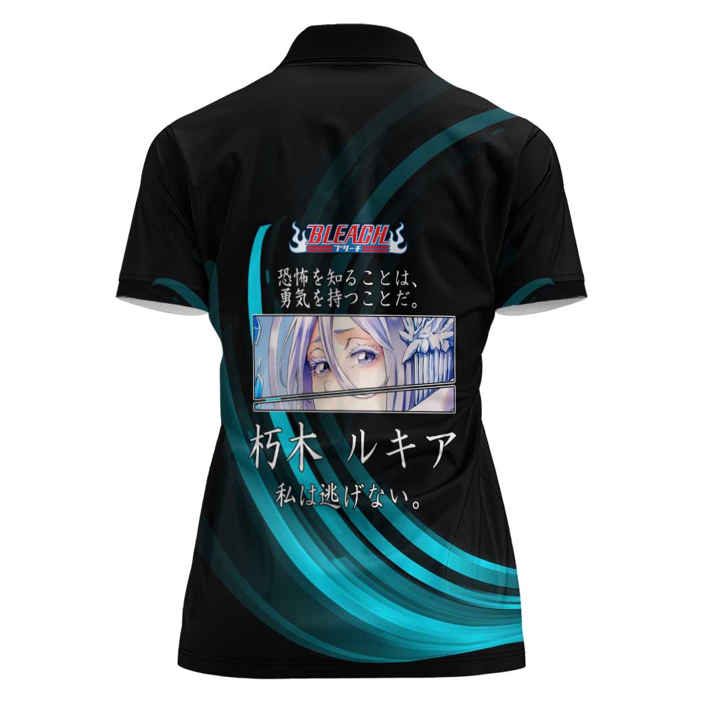 Rukia Kuchiki Bleach Anime Black and Teal Theme Women Polo Shirt with Zanpakuto Pose and Japanese Quote Design - The Mazicc
