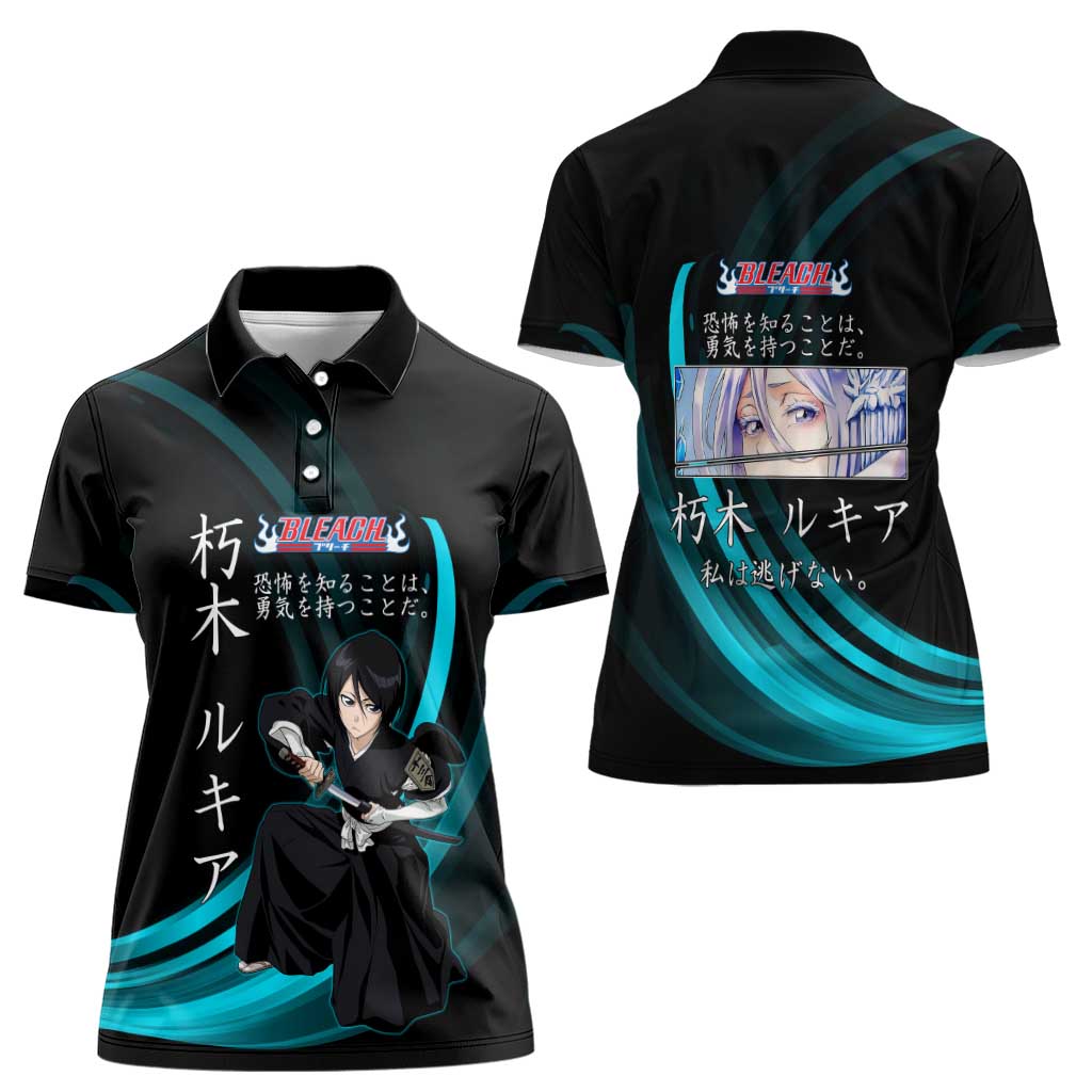 Rukia Kuchiki Bleach Anime Black and Teal Theme Women Polo Shirt with Zanpakuto Pose and Japanese Quote Design - The Mazicc