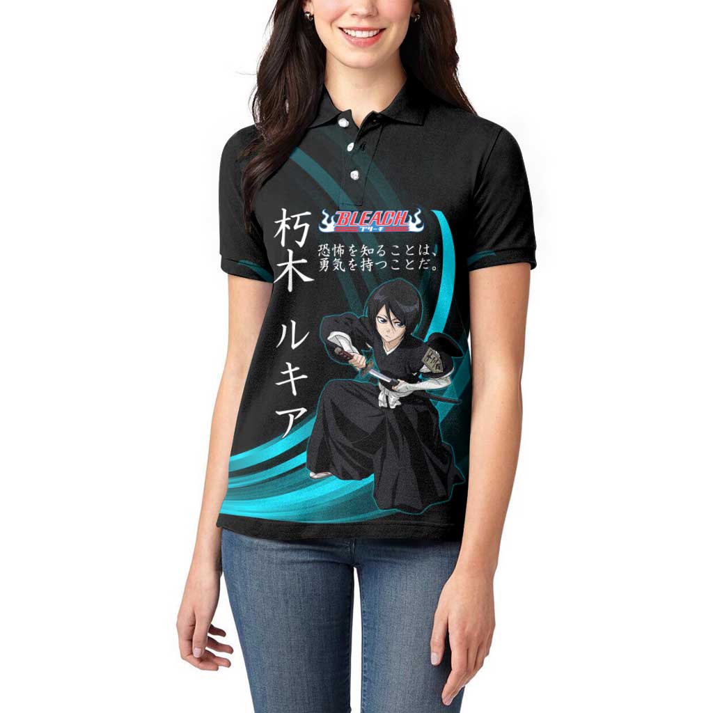 Rukia Kuchiki Bleach Anime Black and Teal Theme Women Polo Shirt with Zanpakuto Pose and Japanese Quote Design - The Mazicc