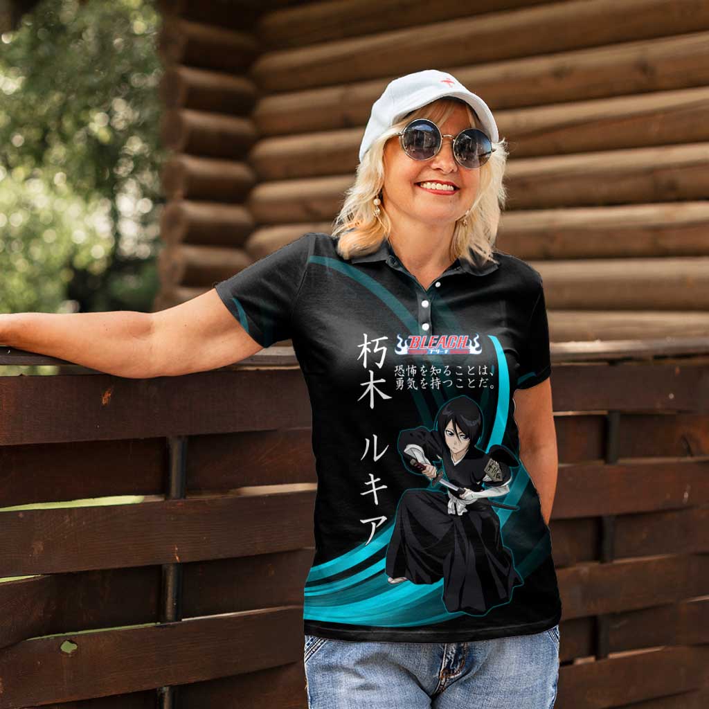 Rukia Kuchiki Bleach Anime Black and Teal Theme Women Polo Shirt with Zanpakuto Pose and Japanese Quote Design - The Mazicc
