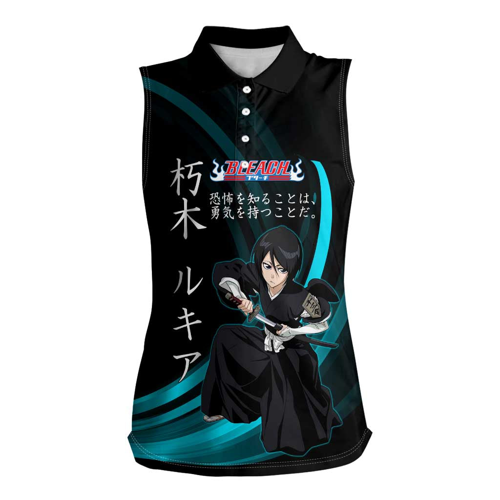 Rukia Kuchiki Bleach Anime Black and Teal Theme Women Sleeveless Polo Shirt with Zanpakuto Pose and Japanese Quote Design - The Mazicc