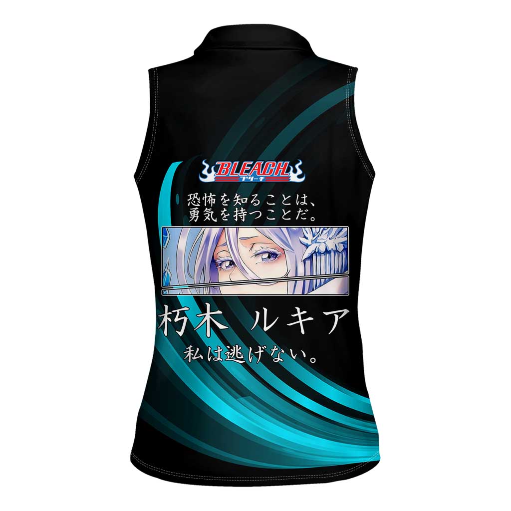 Rukia Kuchiki Bleach Anime Black and Teal Theme Women Sleeveless Polo Shirt with Zanpakuto Pose and Japanese Quote Design - The Mazicc
